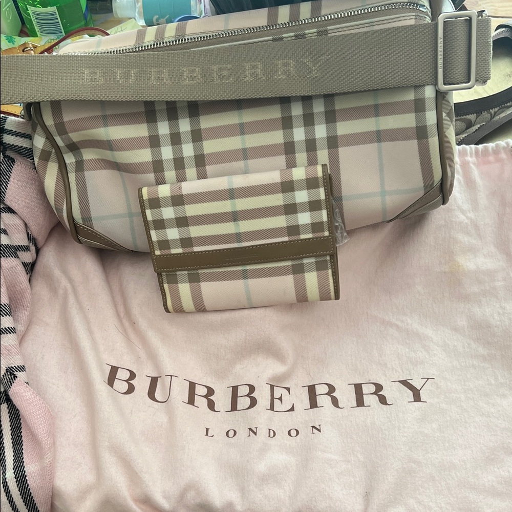 Burberry Beige and Brown Plaid Bag and Wallet